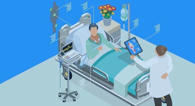 Ilustración de un paciente en una habitación de hospital y el doctor examinandolo.