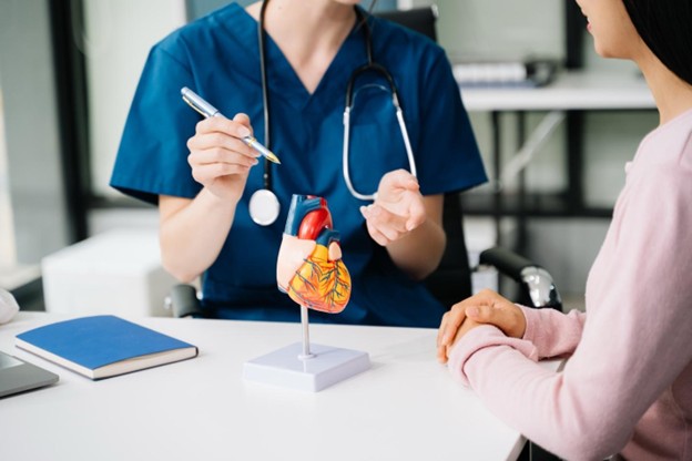 Doctora explicando algo a una paciente a partir de un modelo de un corazón humano.