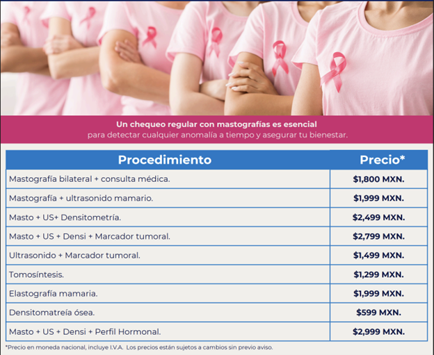 Imagen que muestra información y precios sobre los procedimientos de chequeo y prevención.